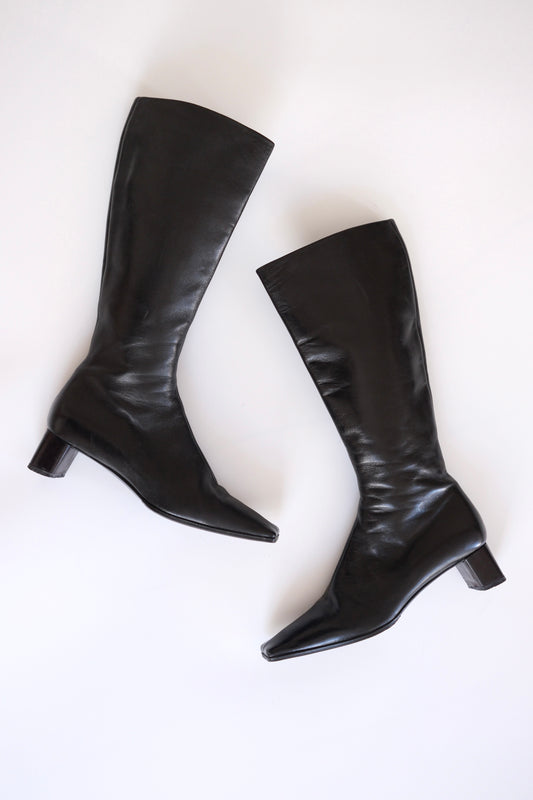 2000s Prada black leather tall square toe boots