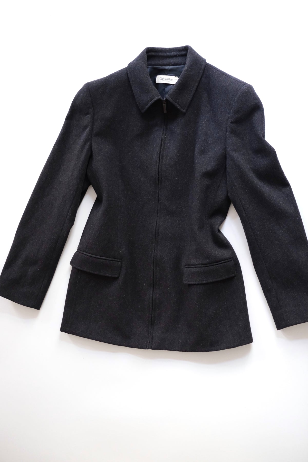 1990s Calvin Klein Collection dark grey wool zip-up jacket