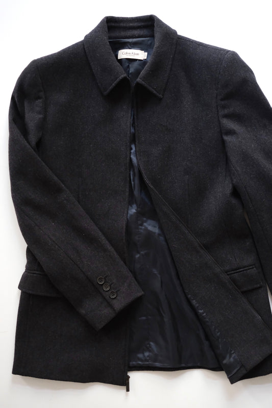 1990s Calvin Klein Collection dark grey wool zip-up jacket