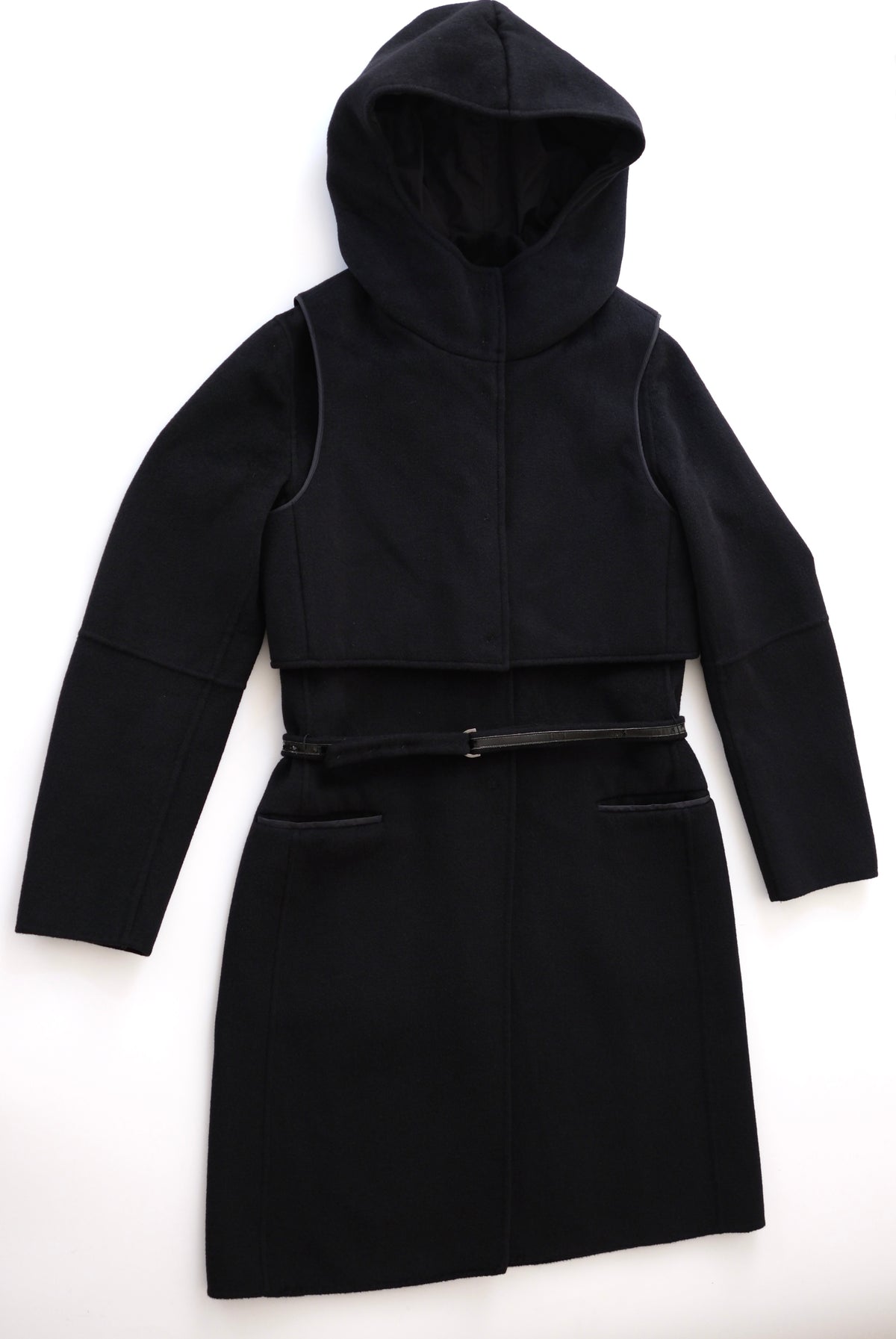 Max Mara two piece black wool tailored coat with hood