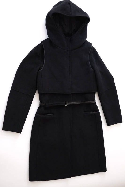 Max Mara two piece black wool tailored coat with hood
