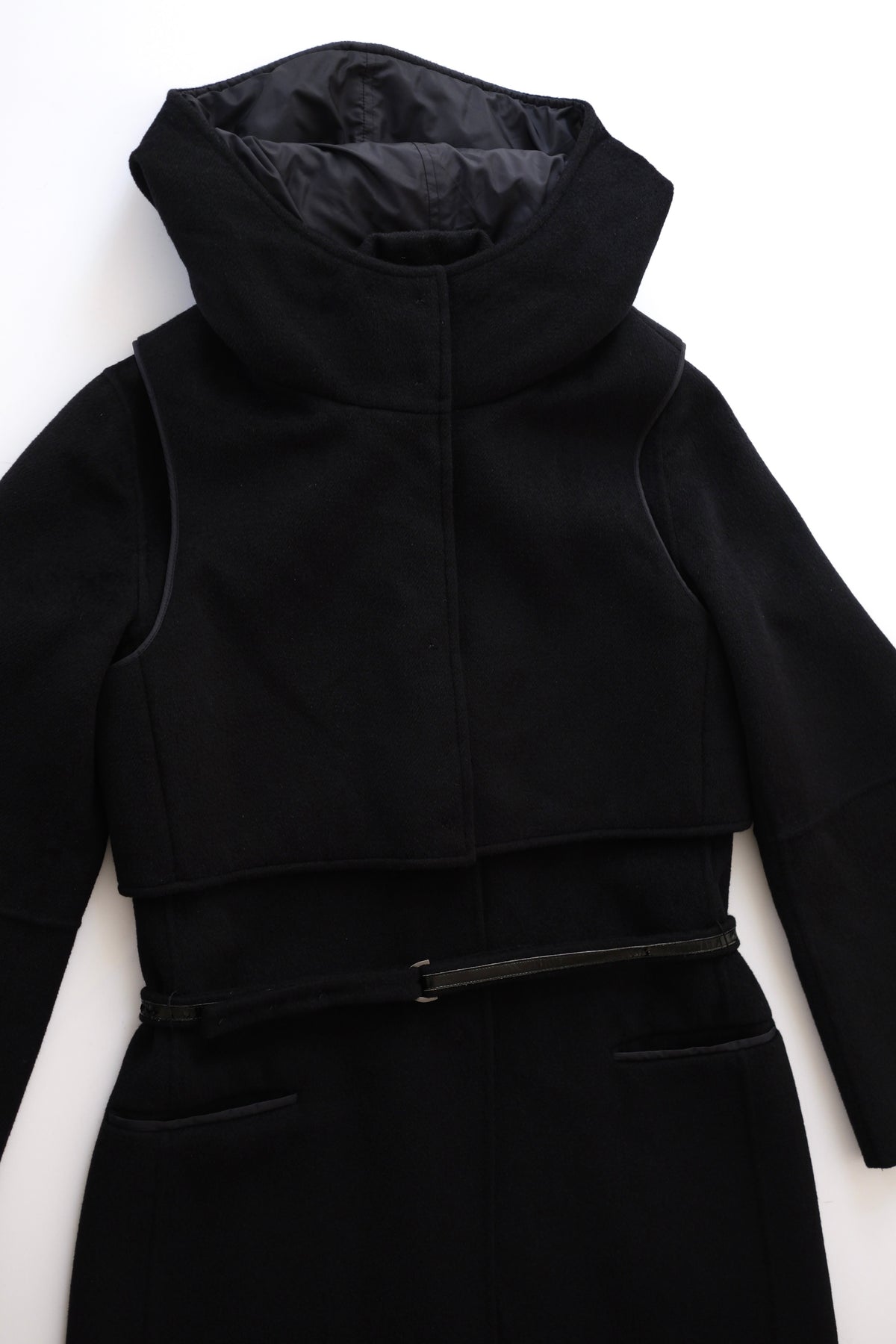 Max Mara two piece black wool tailored coat with hood