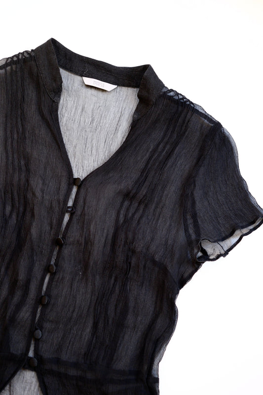 Vintage black shortsleeved button-up top in textured silk