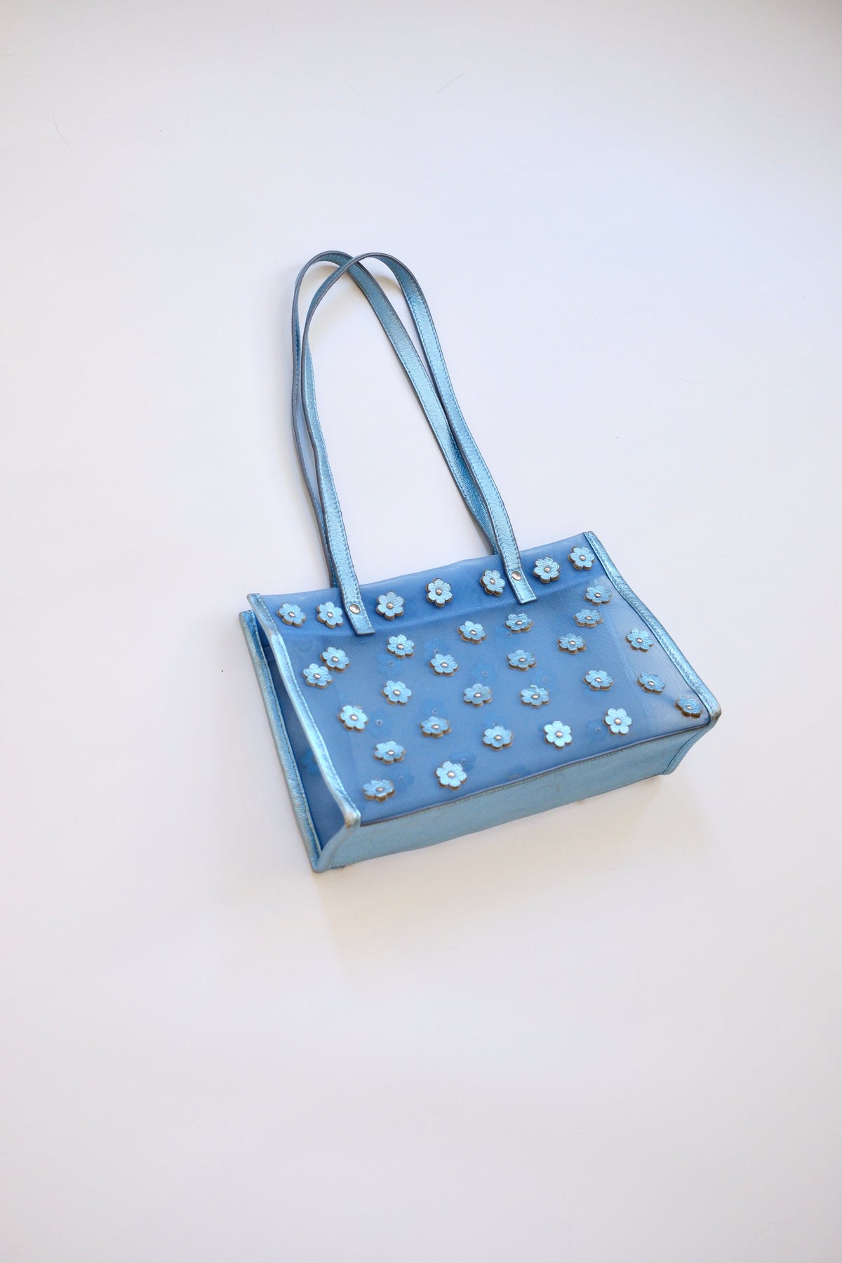 Miu Miu FW 1999 metallic light blue daisy mesh tote bag