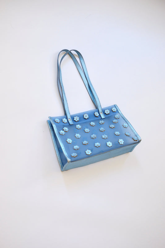 Miu Miu FW 1999 metallic light blue daisy mesh tote bag