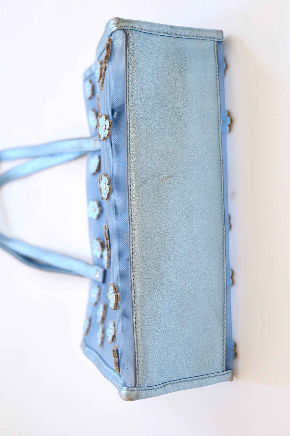Miu Miu FW 1999 metallic light blue daisy mesh tote bag