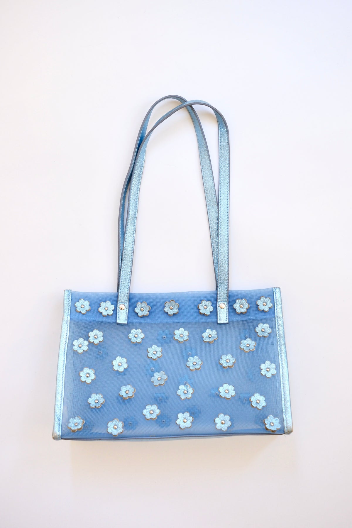 Miu Miu FW 1999 metallic light blue daisy mesh tote bag