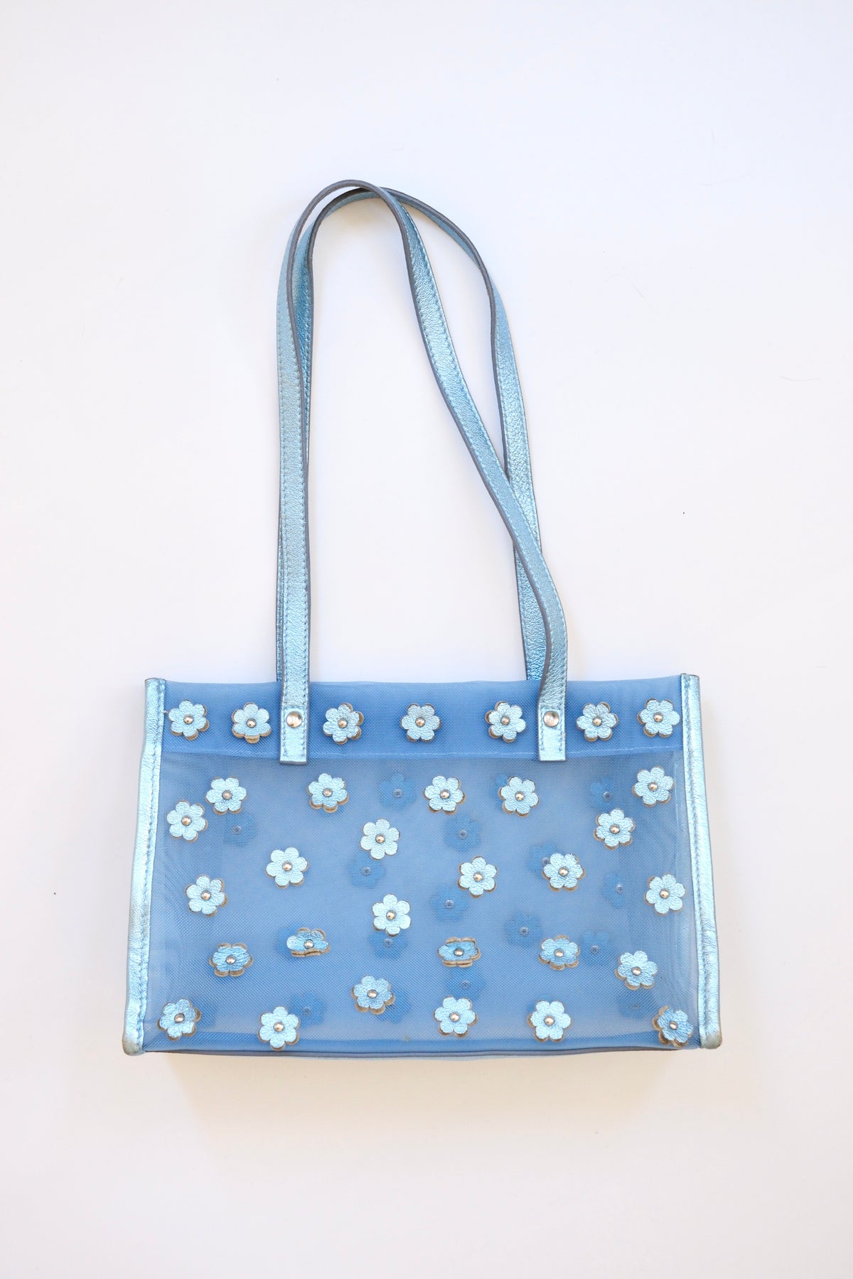 Miu Miu FW 1999 metallic light blue daisy mesh tote bag