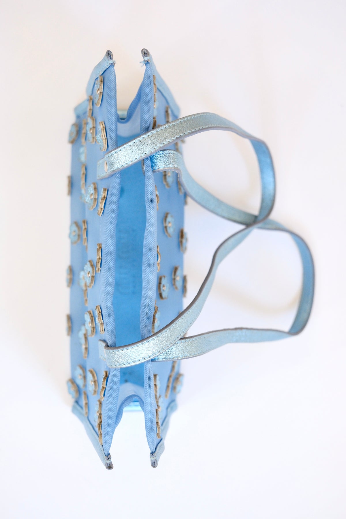 Miu Miu FW 1999 metallic light blue daisy mesh tote bag
