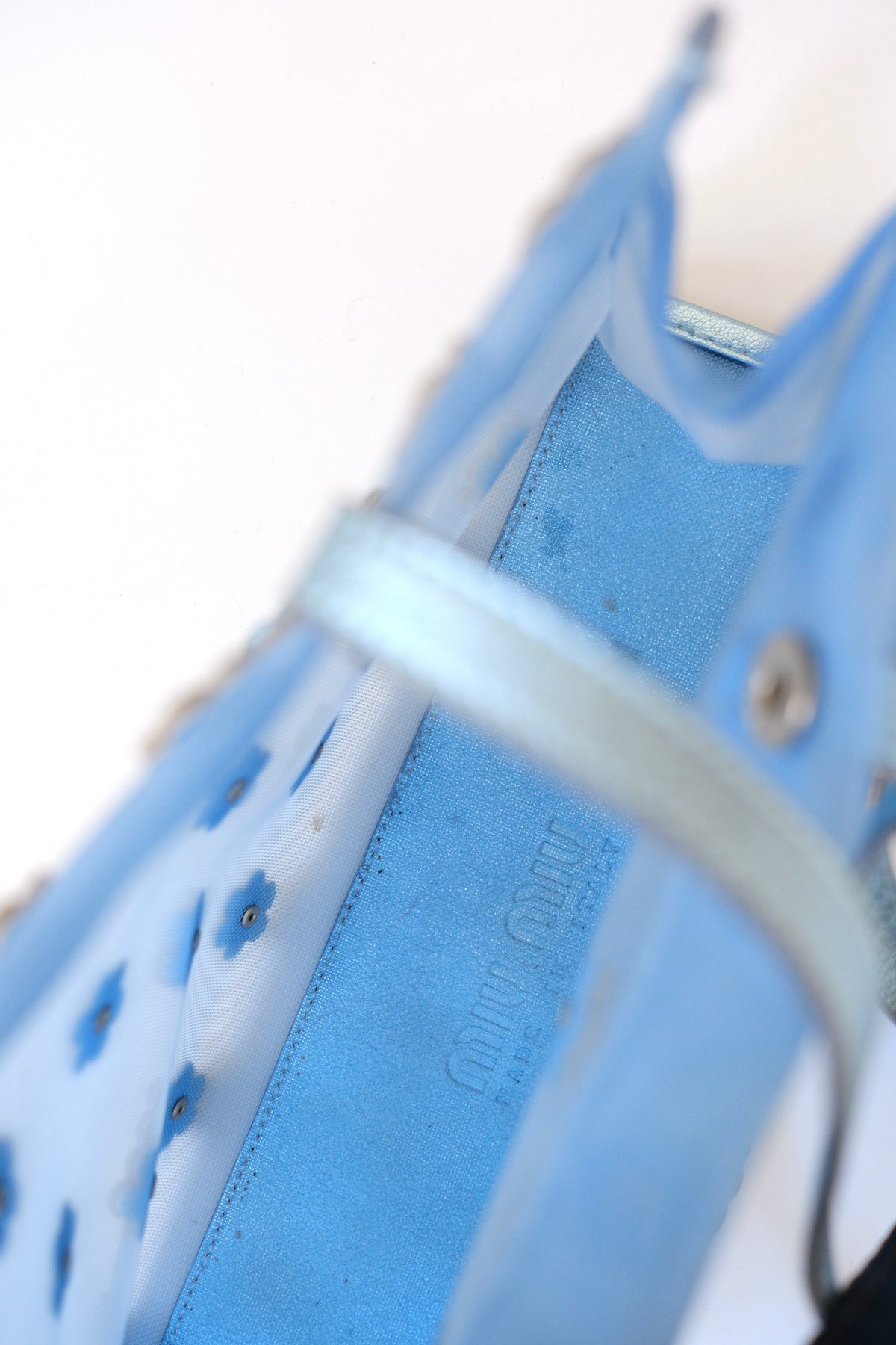 Miu Miu FW 1999 metallic light blue daisy mesh tote bag