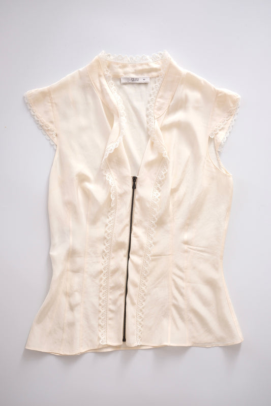 Prada semi-sheer cream zip-up blouse
