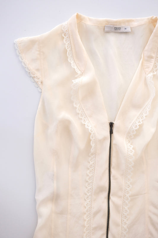 Prada semi-sheer cream zip-up blouse
