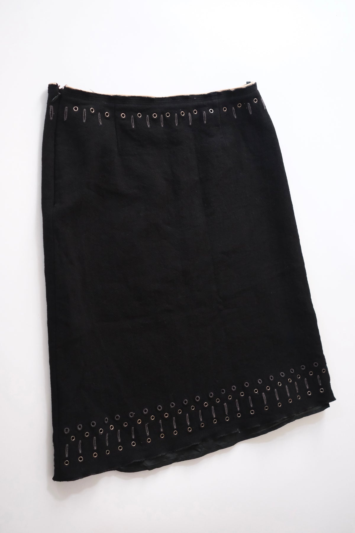 Prada FW 2004 black wool bias cut knee-length skirt