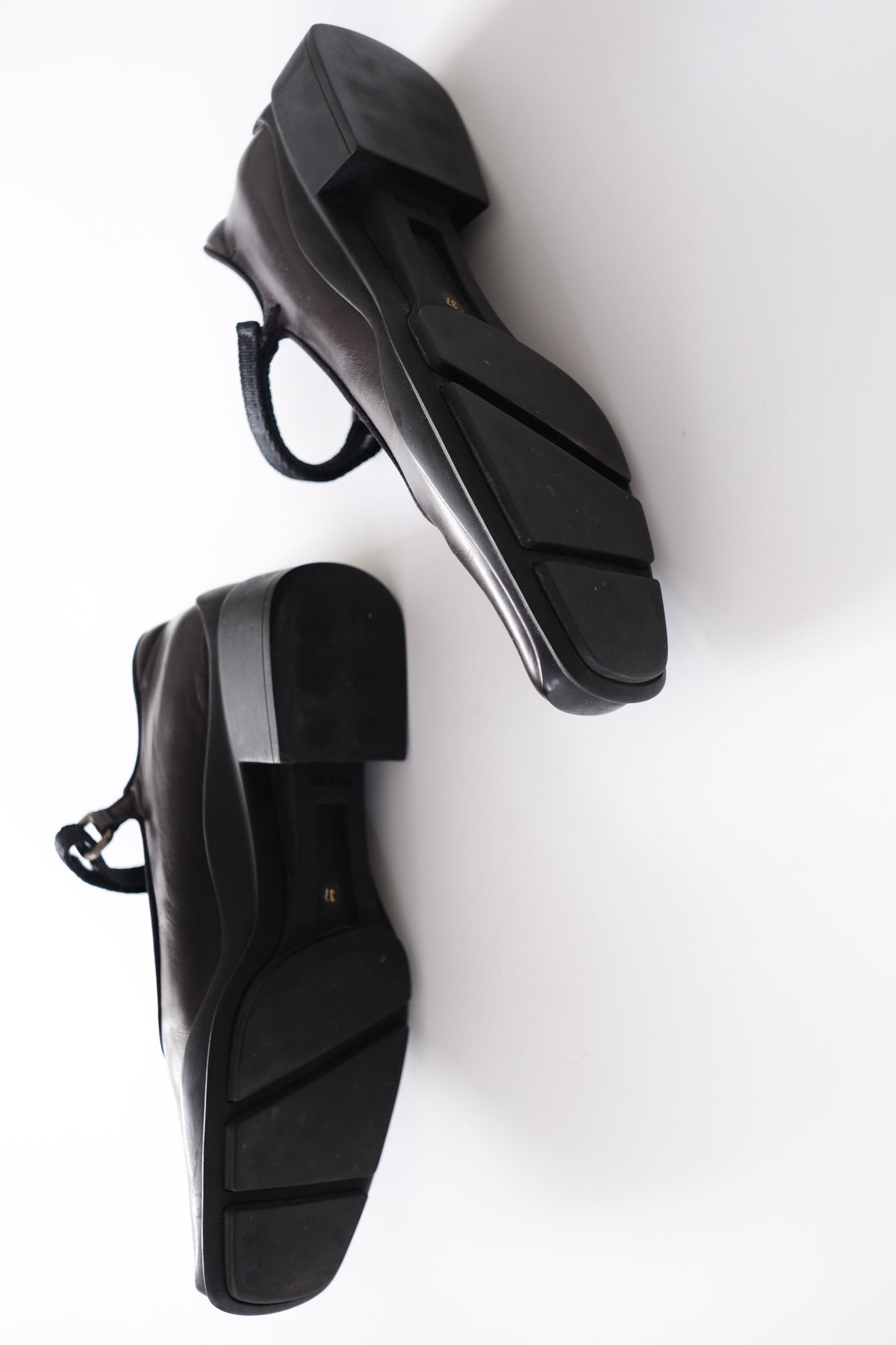 1990s Prada black leather square toe mary jane flats