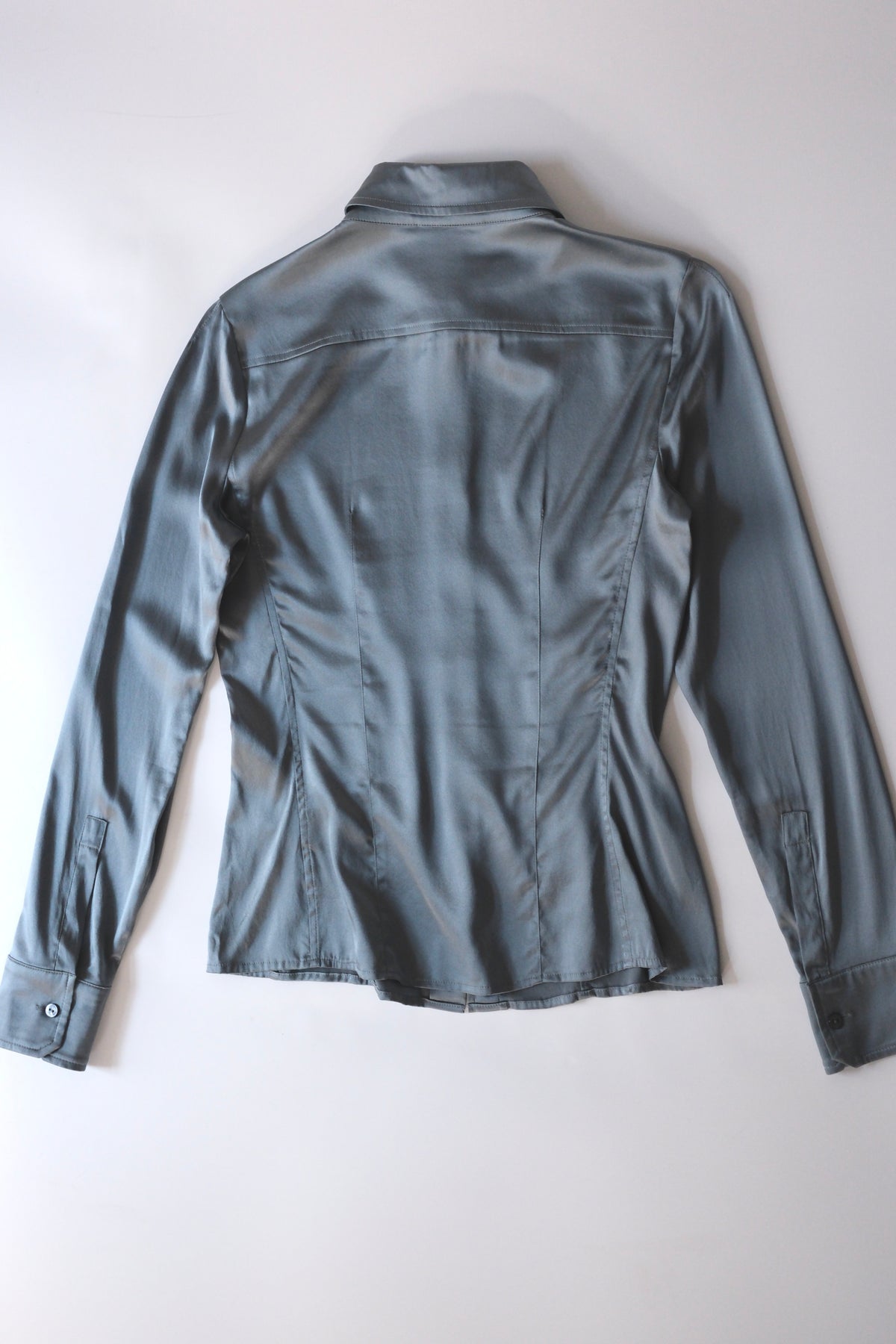 Luisa Spagnoli muted blue satin silk button-up shirt