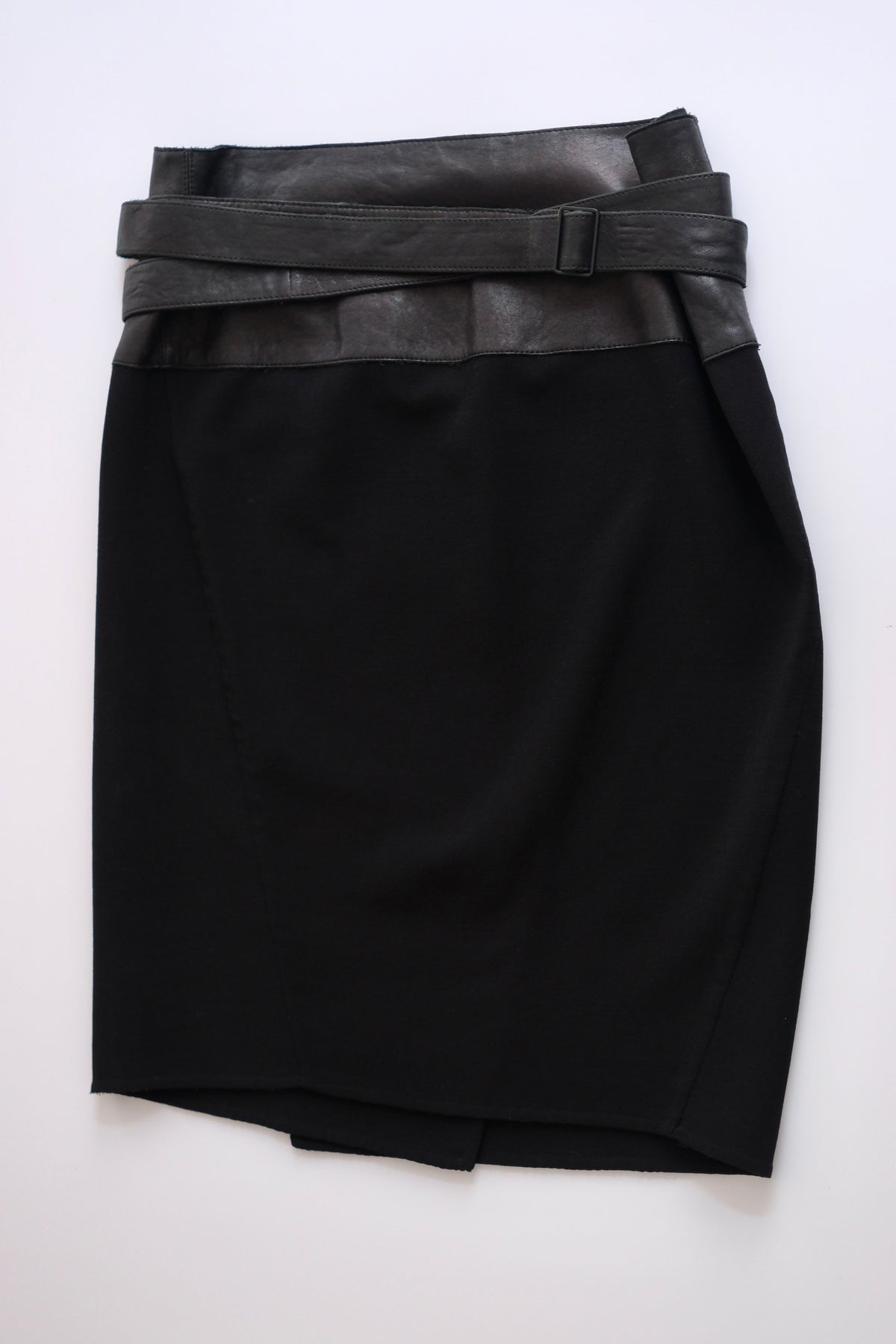 Donna Karan black wool and leather asymmetric knee-length wrap skirt