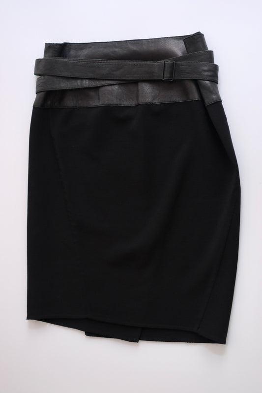 Donna Karan black wool and leather asymmetric knee-length wrap skirt