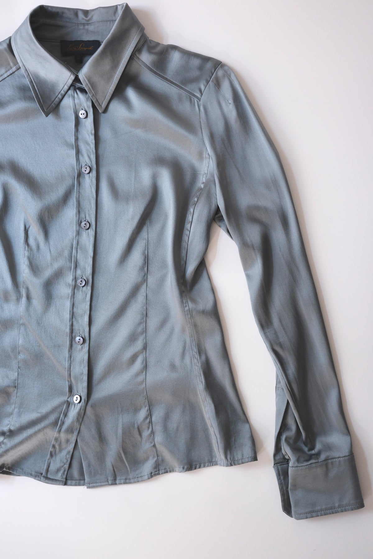 Luisa Spagnoli muted blue satin silk button-up shirt