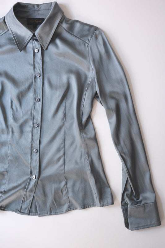 Luisa Spagnoli muted blue satin silk button-up shirt