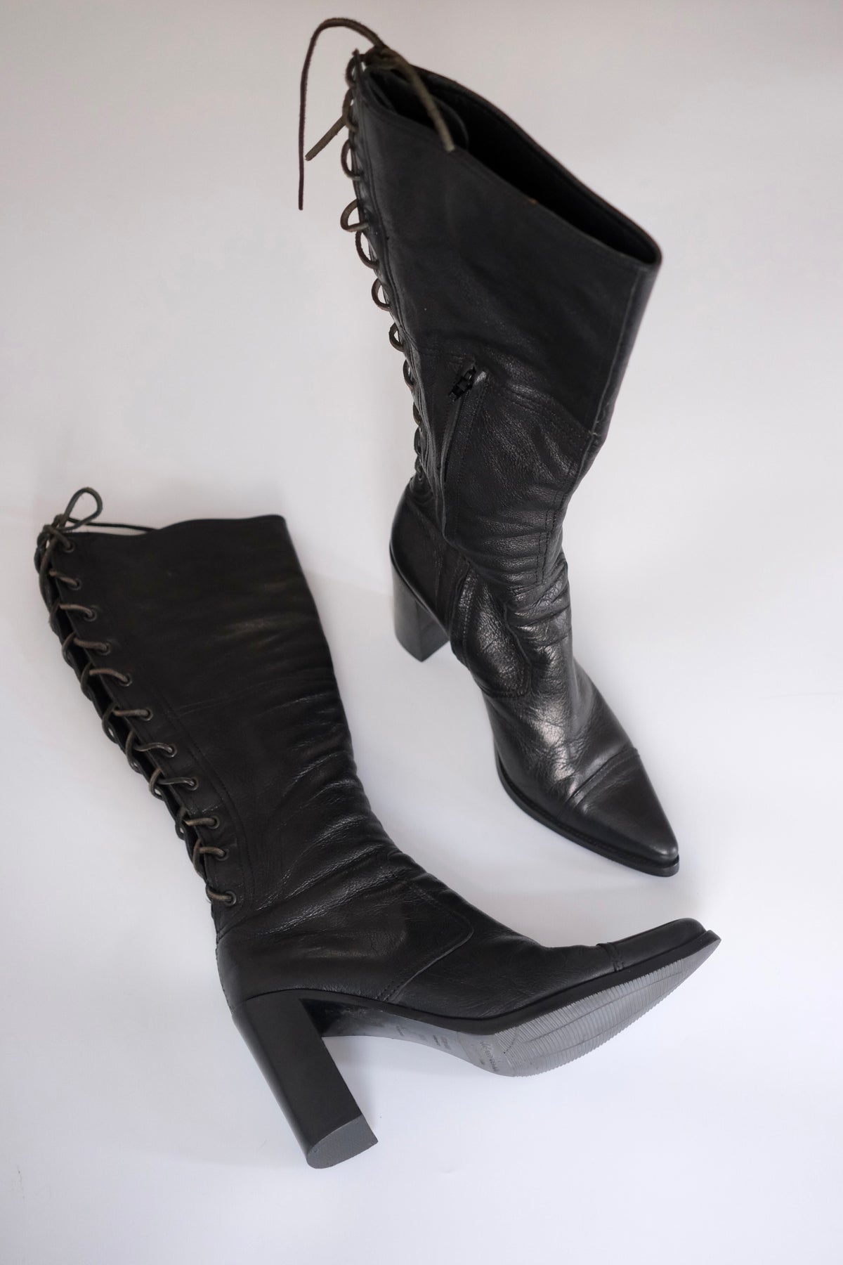 Miu Miu SS 1999 black leather knee-high lace-up heeled boots