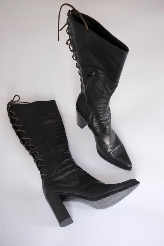 Miu Miu SS 1999 black leather knee-high lace-up heeled boots