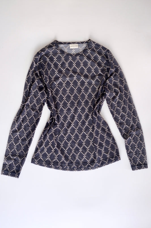 Dries van Noten navy blue diamond print mesh top
