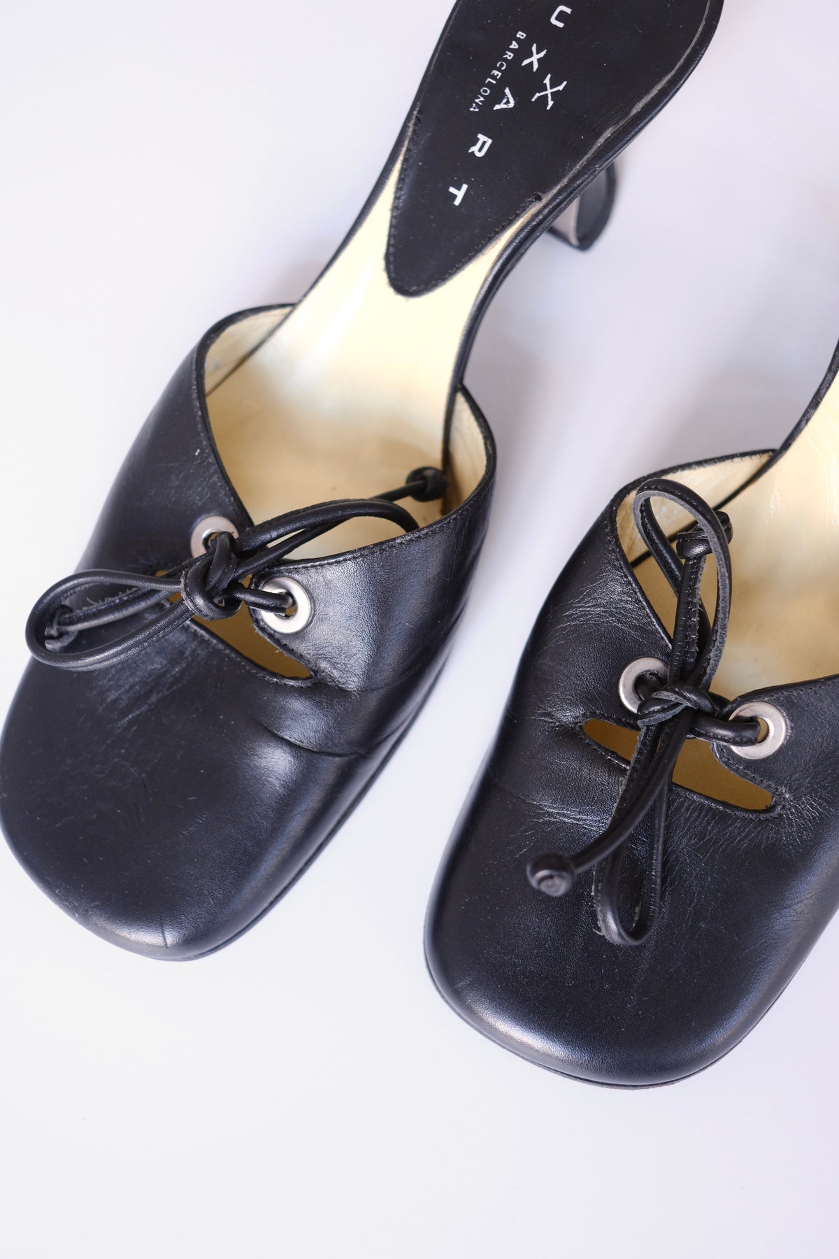 2000s Muxart black leather lace-up heeled mules