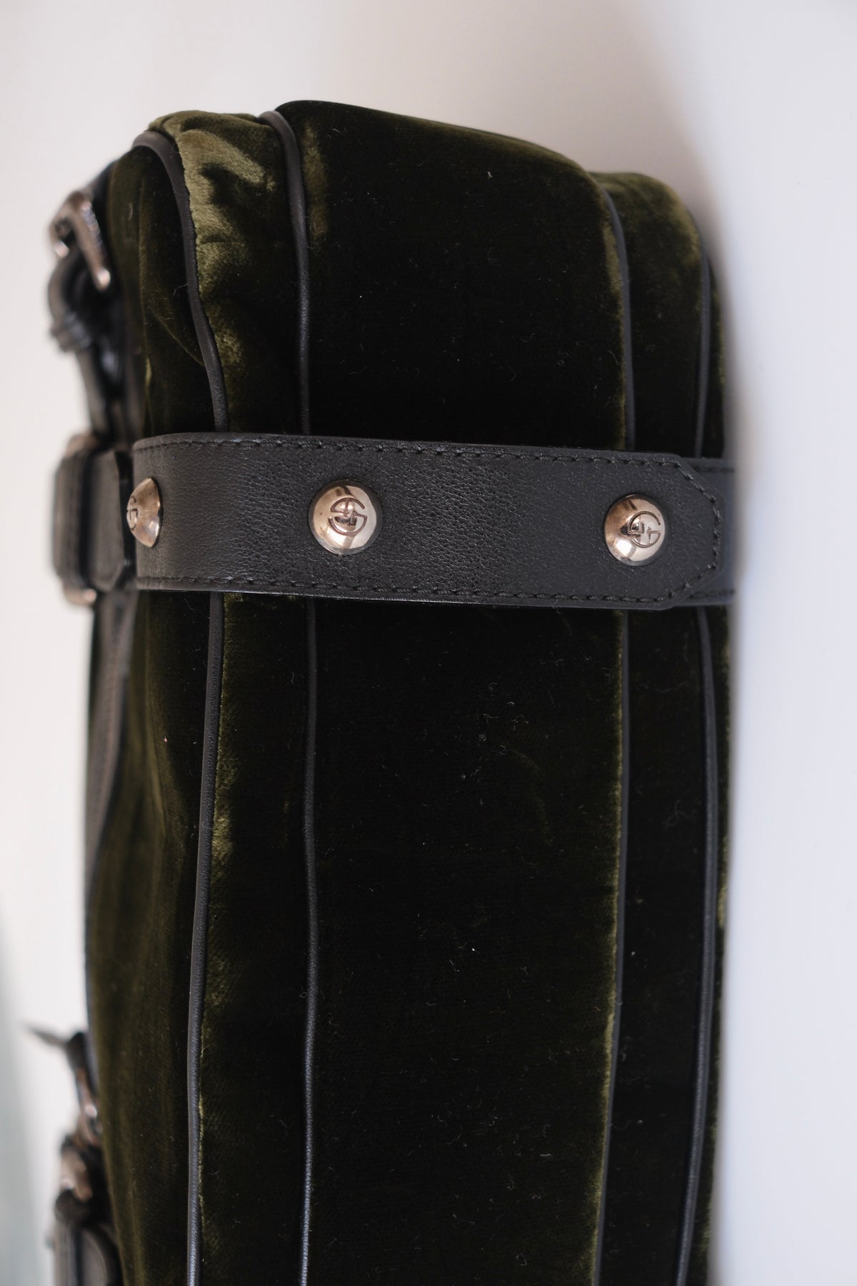 Vintage Giorgio Armani olive green velvet leather bowling handbag