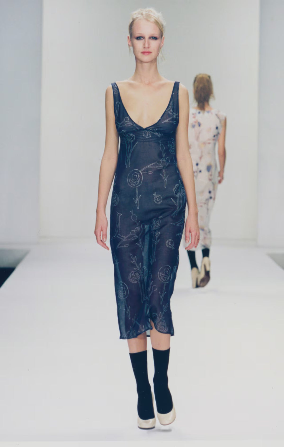 Miu Miu SS 1997 long semi-sheer dark blue dress